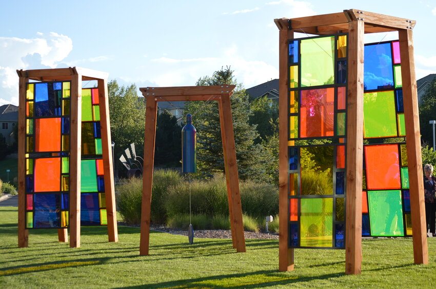 The new outdoor art installation at the Lone Tree Arts Center features three large wooden structures, as shown on Aug. 30, 2023.